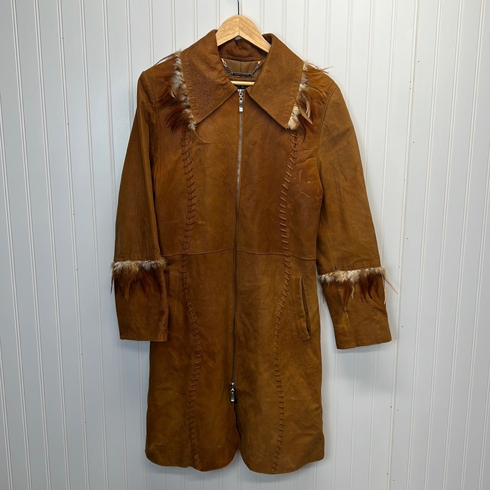 Vtg Knoles & Carter Italian Lamb Skin Leather Coat Feather Trim Belted Sz L Boho